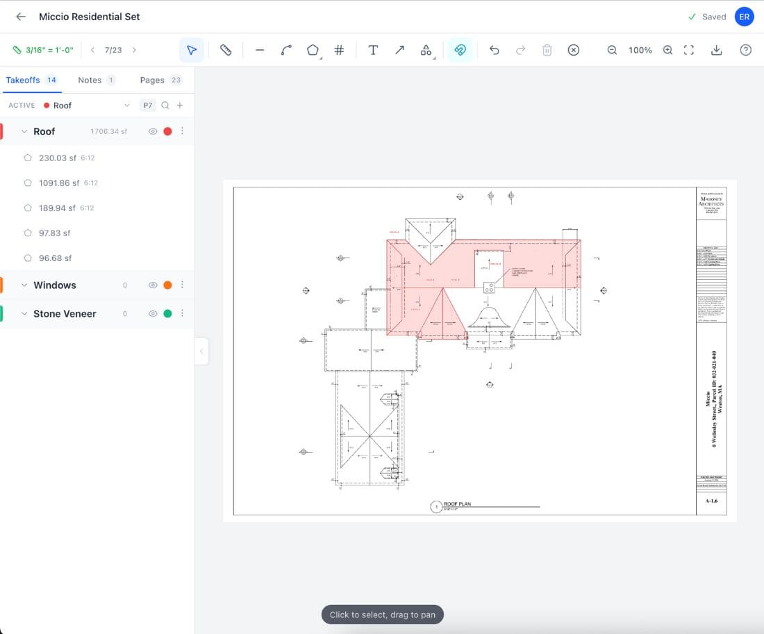 Easy Takeoffs annotation tool with text notes and revision clouds on a construction drawing
