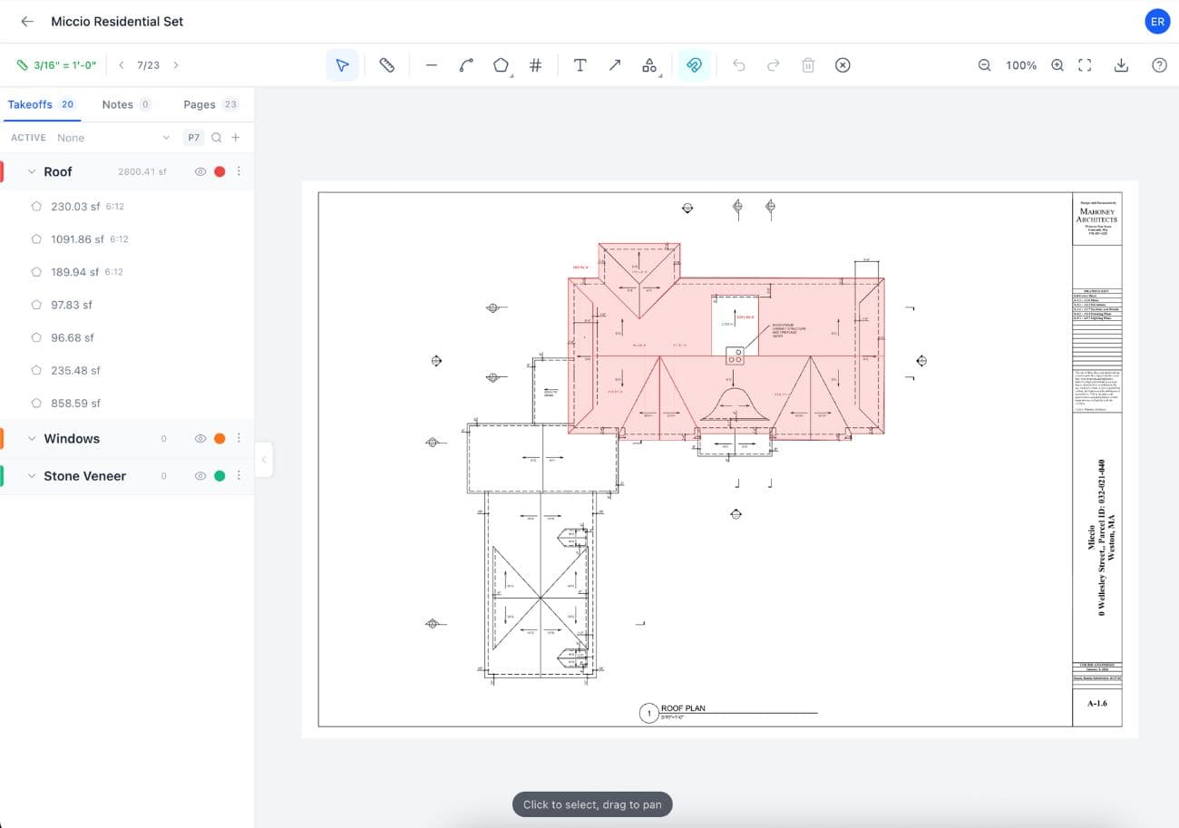 Easy Takeoffs measuring a residential elevation drawing with color-coded measurement groups for stone veneer and windows